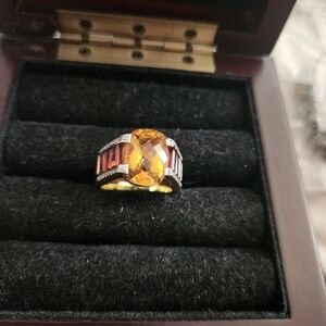Cushion Cut 3 ct Citrine Baguette Garnet ,Diamond Band Ring, 14K GOS